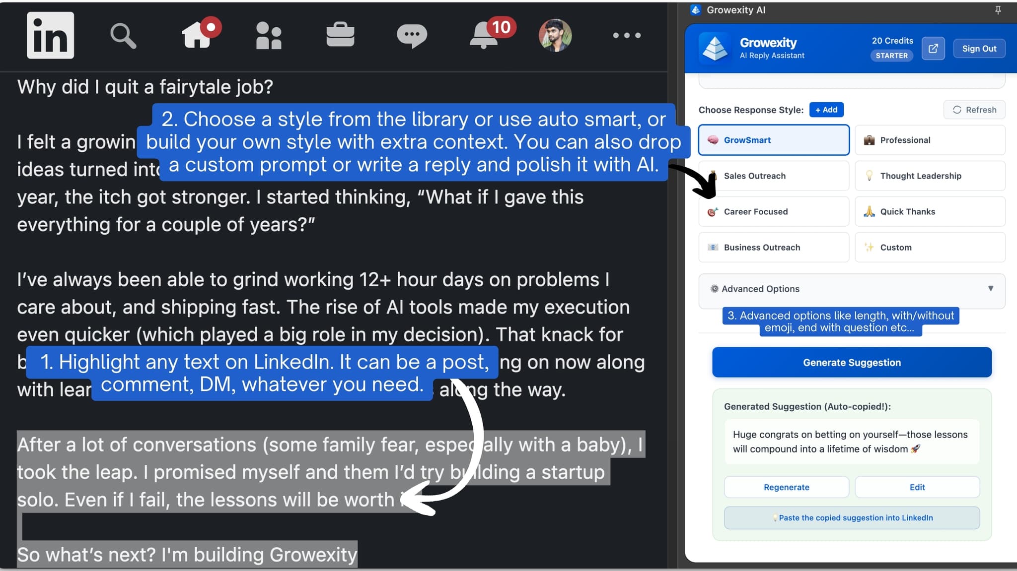 Growexity LinkedIn AI Assistant Demo